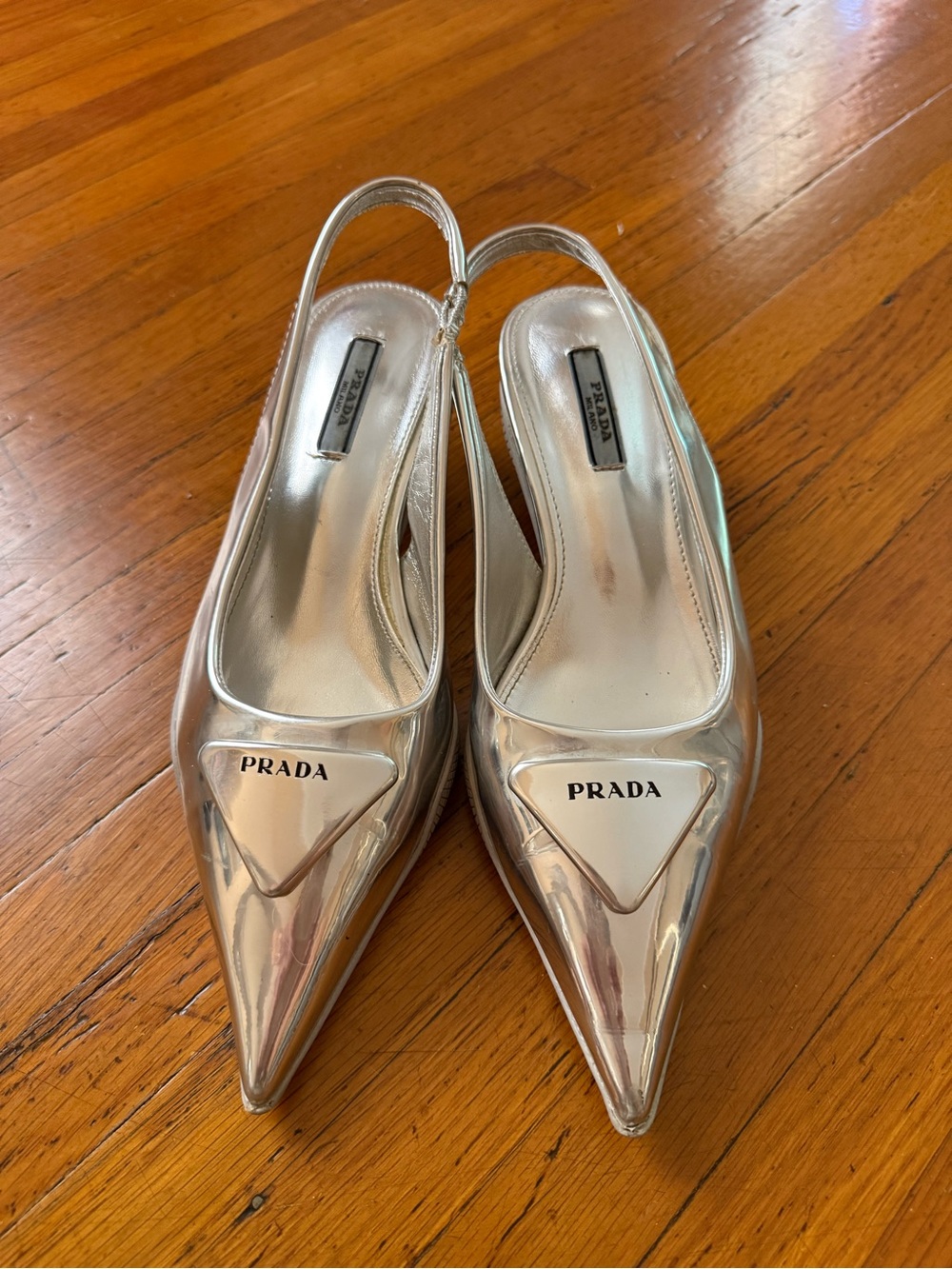 Prada Metallic Silver Pointed Toe Pumps - Mirror Finish, kitten heels - Picture 2 of 5
